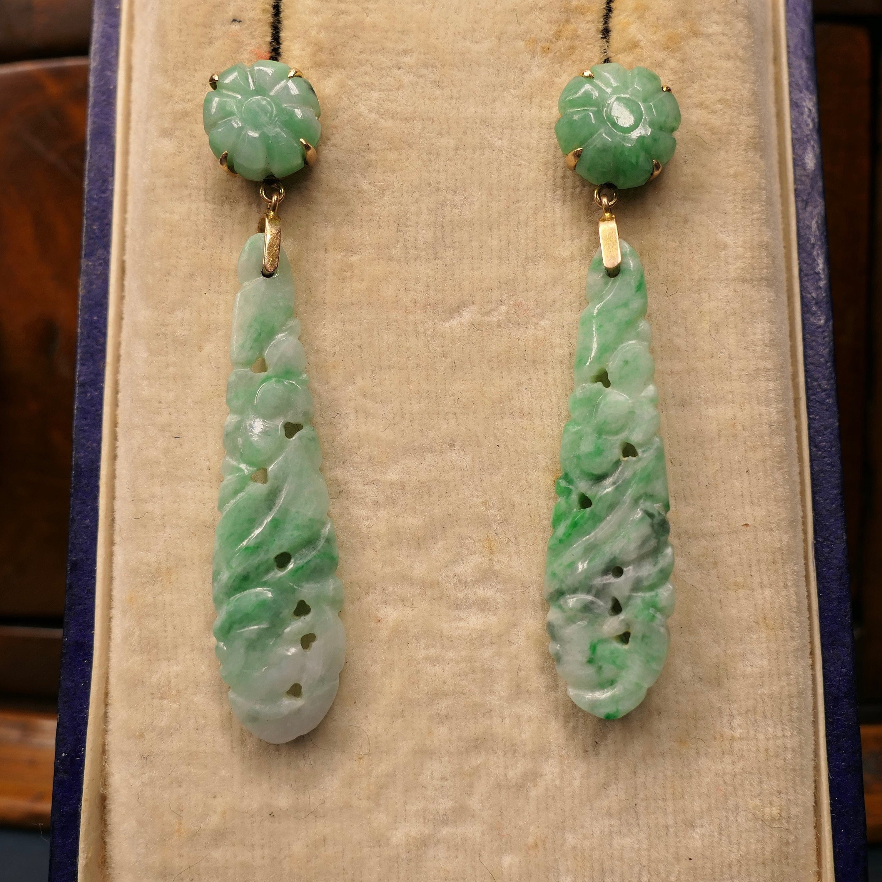 Early Vintage 9ct Rose Gold Green Jade Bullet Dropper Dangle Earrings –  Dobson Fine Jewellery